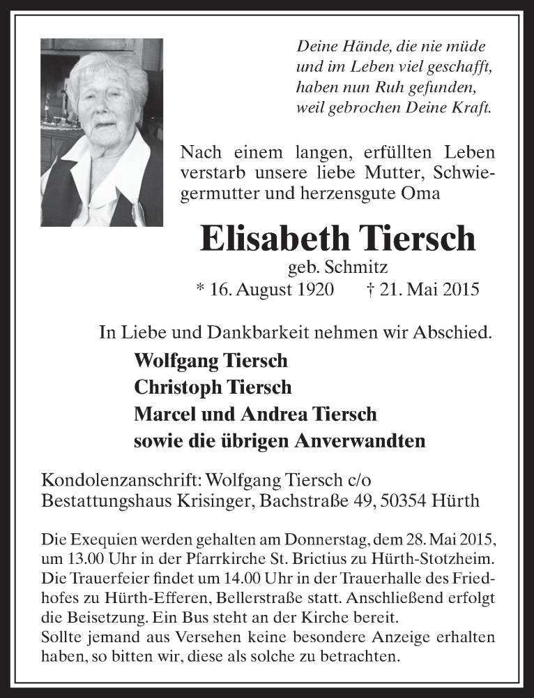  Traueranzeige für Elisabeth Tiersch vom 27.05.2015 aus  Wochenende 