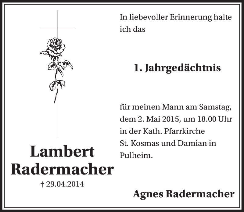  Traueranzeige für Lambert Radermacher vom 25.04.2015 aus  Sonntags-Post 