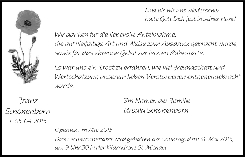  Traueranzeige für Franz Schönenborn vom 23.05.2015 aus Kölner Stadt-Anzeiger / Kölnische Rundschau / Express