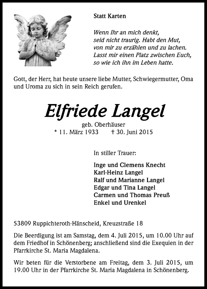  Traueranzeige für Elfriede Langel vom 02.07.2015 aus Kölner Stadt-Anzeiger / Kölnische Rundschau / Express