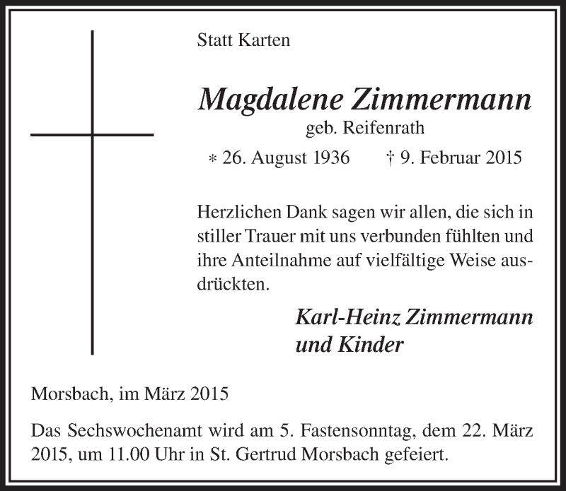  Traueranzeige für Magdalene Zimmermann vom 11.03.2015 aus  Lokalanzeiger 