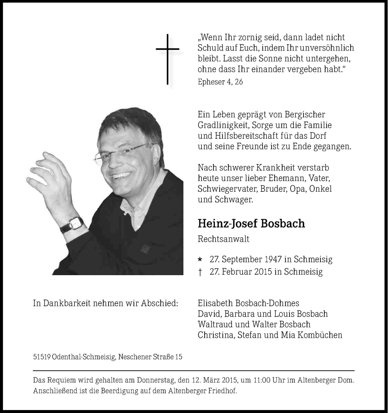 Traueranzeige für Heinz-Josef Bosbach vom 04.03.2015 aus Kölner Stadt-Anzeiger / Kölnische Rundschau / Express