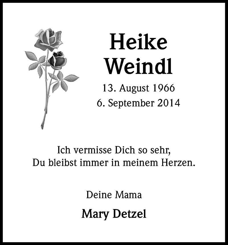 Traueranzeige für Heike Weindl vom 05.09.2015 aus Kölner Stadt-Anzeiger / Kölnische Rundschau / Express