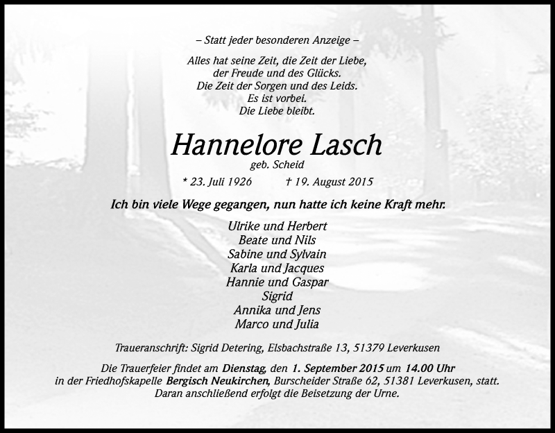  Traueranzeige für Hannelore Lasch vom 27.08.2015 aus Kölner Stadt-Anzeiger / Kölnische Rundschau / Express