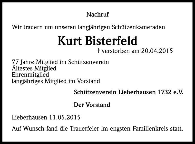  Traueranzeige für Kurt Bisterfeld vom 13.05.2015 aus Kölner Stadt-Anzeiger / Kölnische Rundschau / Express
