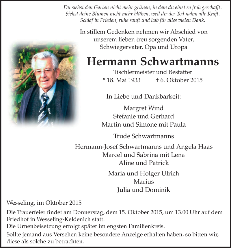  Traueranzeige für Hermann Schwartmanns vom 14.10.2015 aus  Schlossbote/Werbekurier 