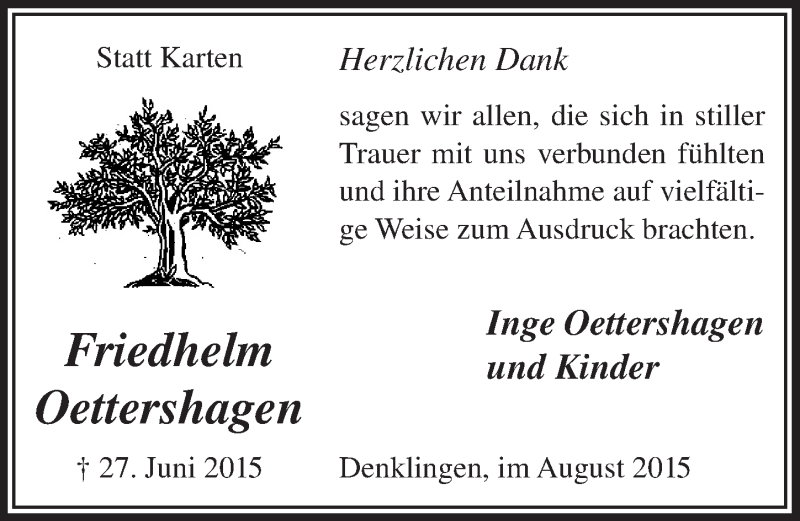  Traueranzeige für Friedhelm Oettershagen vom 26.08.2015 aus  Lokalanzeiger 