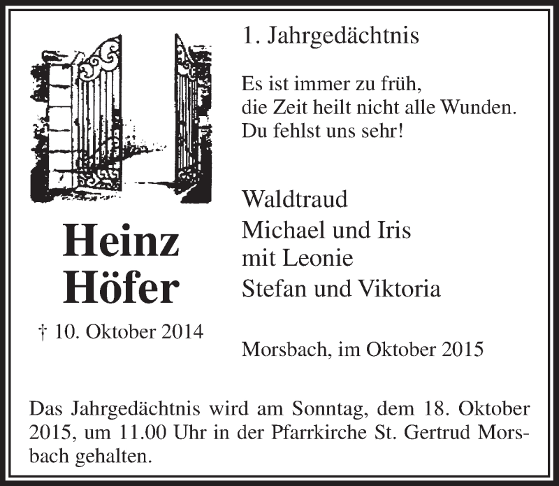  Traueranzeige für Heinz Höfer vom 14.10.2015 aus  Lokalanzeiger 