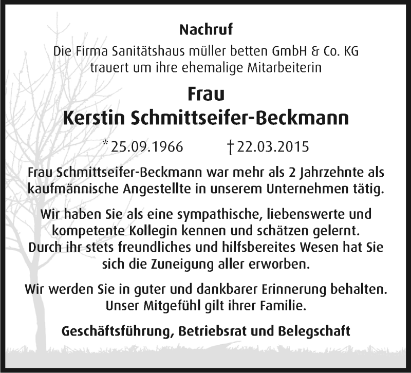  Traueranzeige für Kerstin Schmittseifer-Beckmann vom 28.03.2015 aus Kölner Stadt-Anzeiger / Kölnische Rundschau / Express