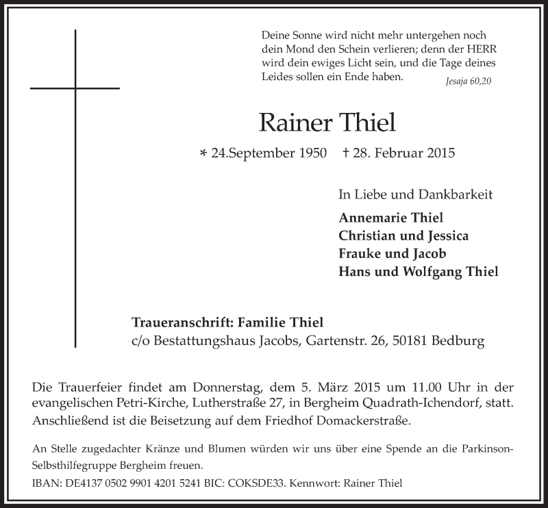  Traueranzeige für Rainer Thiel vom 04.03.2015 aus  Werbepost 