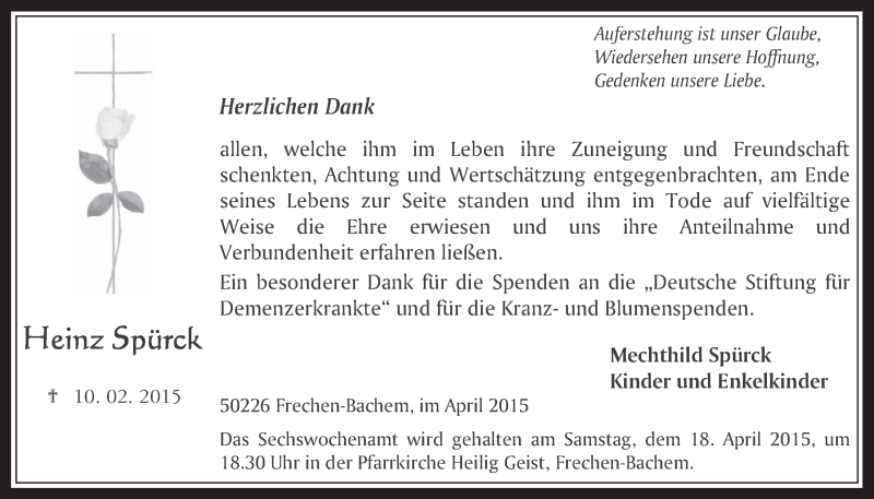  Traueranzeige für Heinz Spürck vom 01.04.2015 aus  Wochenende 