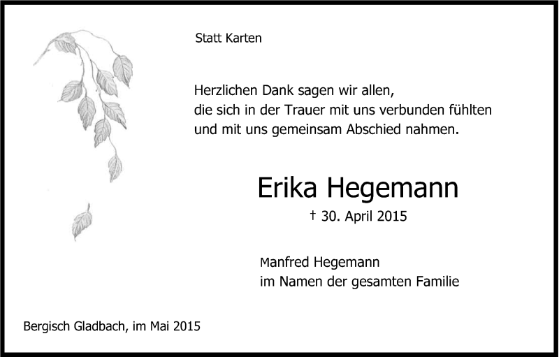  Traueranzeige für Erika Hegemann vom 29.05.2015 aus Kölner Stadt-Anzeiger / Kölnische Rundschau / Express
