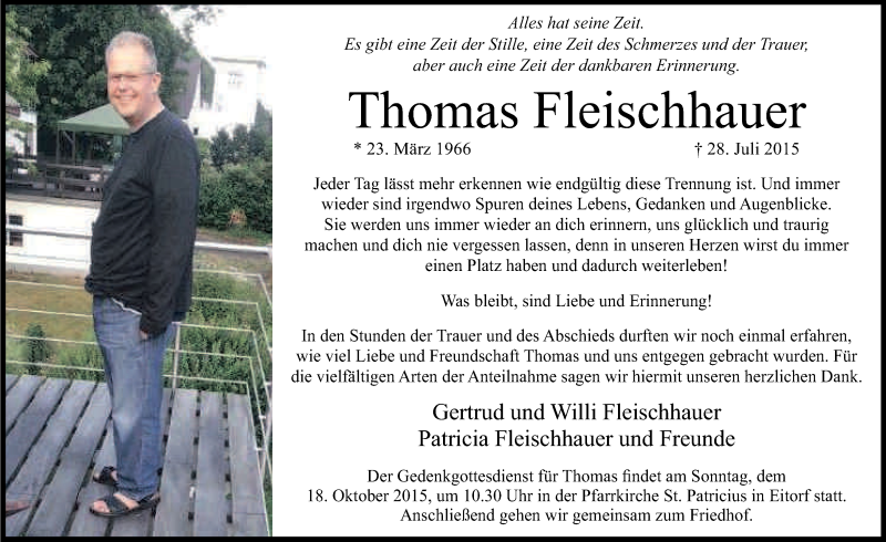  Traueranzeige für Thomas Fleischhauer vom 16.10.2015 aus Kölner Stadt-Anzeiger / Kölnische Rundschau / Express