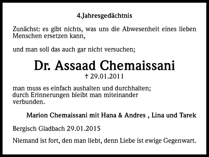  Traueranzeige für Assaad Chemaissani vom 29.01.2015 aus Kölner Stadt-Anzeiger / Kölnische Rundschau / Express