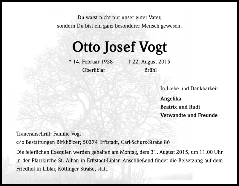  Traueranzeige für Otto Josef Vogt vom 26.08.2015 aus Kölner Stadt-Anzeiger / Kölnische Rundschau / Express