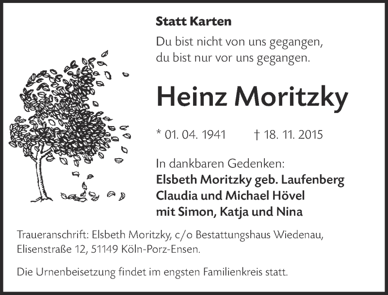  Traueranzeige für Heinz Moritzky vom 25.11.2015 aus  Kölner Wochenspiegel 