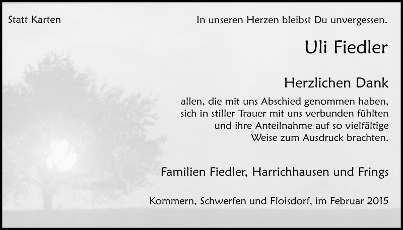  Traueranzeige für Uli Fiedler vom 08.02.2015 aus  Blickpunkt Euskirchen 