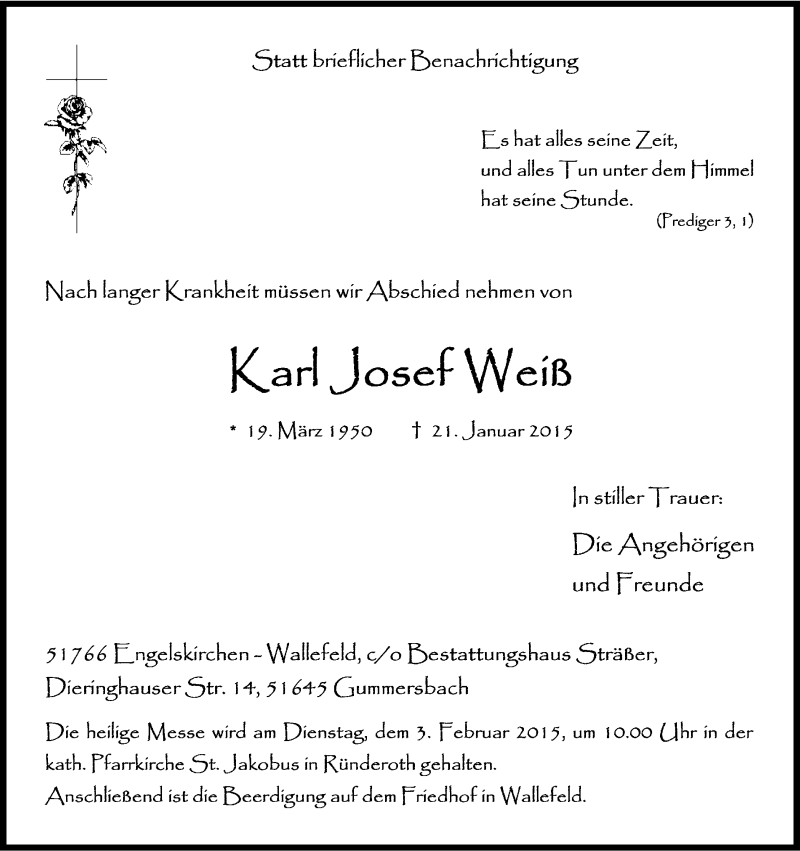  Traueranzeige für Karl Josef Weiß vom 26.01.2015 aus Kölner Stadt-Anzeiger / Kölnische Rundschau / Express