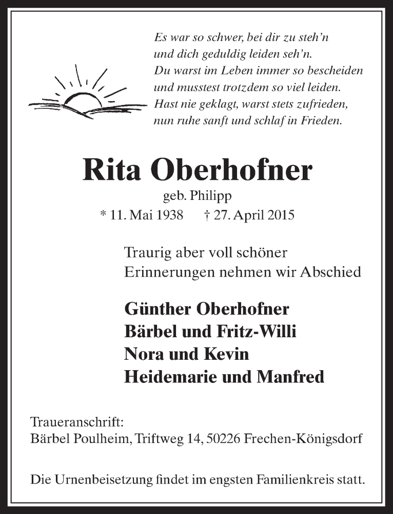  Traueranzeige für Rita Oberhofner vom 06.05.2015 aus  Wochenende 