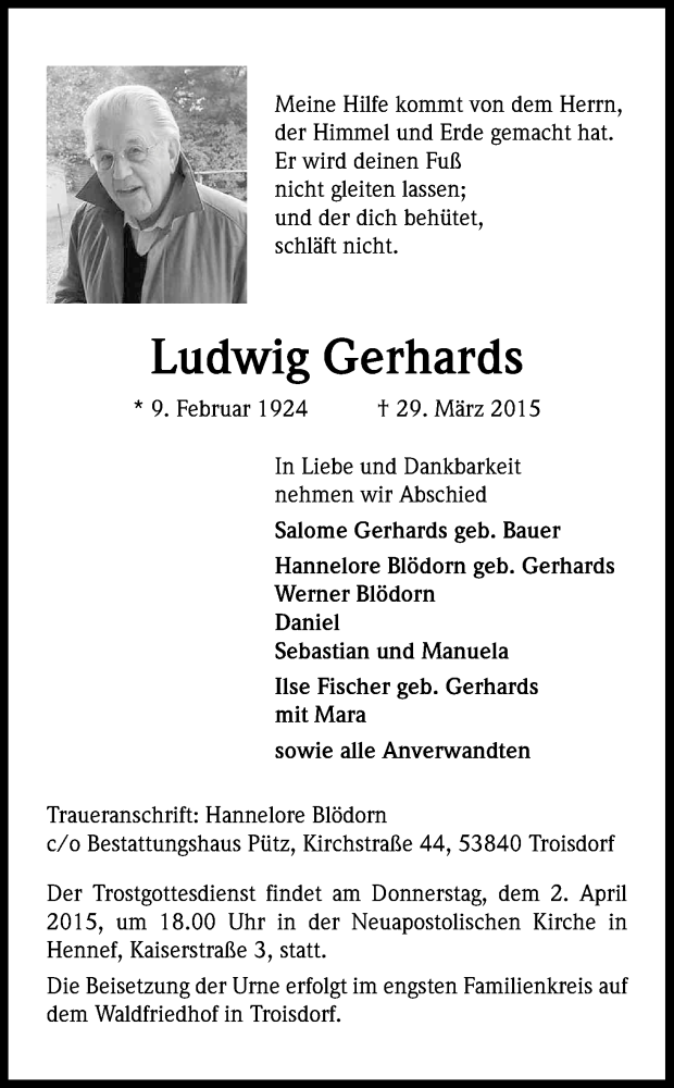  Traueranzeige für Ludwig Gerhards vom 31.03.2015 aus Kölner Stadt-Anzeiger / Kölnische Rundschau / Express