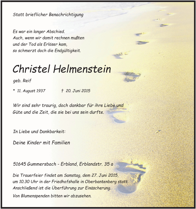  Traueranzeige für Christel Helmenstein vom 24.06.2015 aus  Anzeigen Echo 