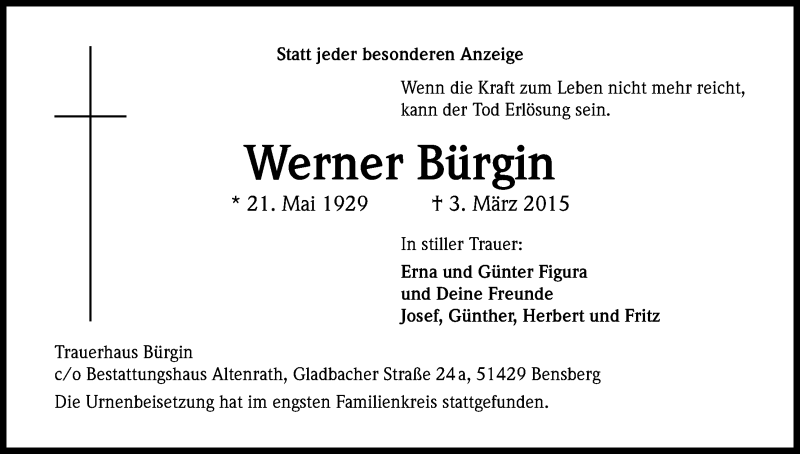  Traueranzeige für Werner Bürgin vom 09.04.2015 aus Kölner Stadt-Anzeiger / Kölnische Rundschau / Express