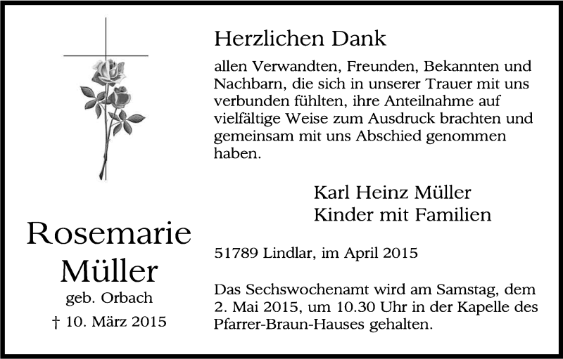  Traueranzeige für Rosemarie Müller vom 25.04.2015 aus Kölner Stadt-Anzeiger / Kölnische Rundschau / Express
