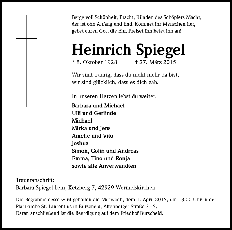  Traueranzeige für Heinrich Spiegel vom 31.03.2015 aus Kölner Stadt-Anzeiger / Kölnische Rundschau / Express