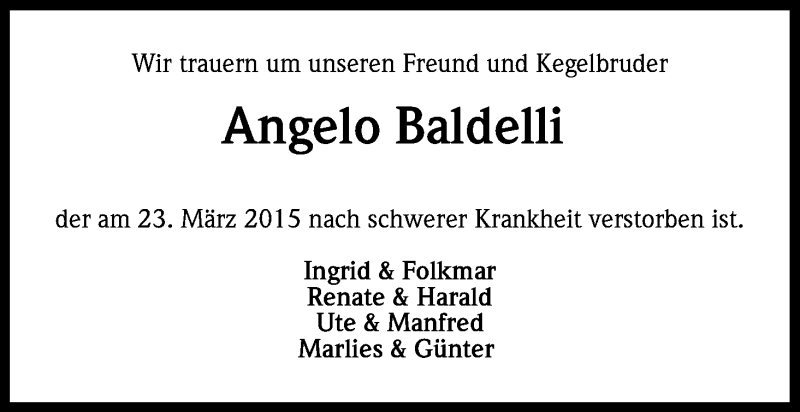  Traueranzeige für Angelo Baldelli vom 31.03.2015 aus Kölner Stadt-Anzeiger / Kölnische Rundschau / Express