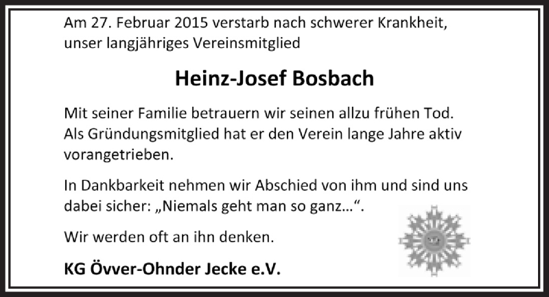  Traueranzeige für Heinz-Josef Bosbach vom 14.03.2015 aus  Bergisches Sonntagsblatt 