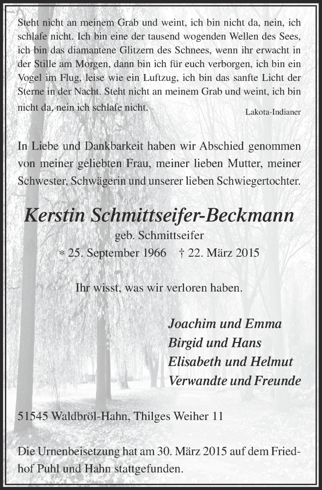  Traueranzeige für Kerstin Schmittseifer-Beckmann vom 29.04.2015 aus  Lokalanzeiger 