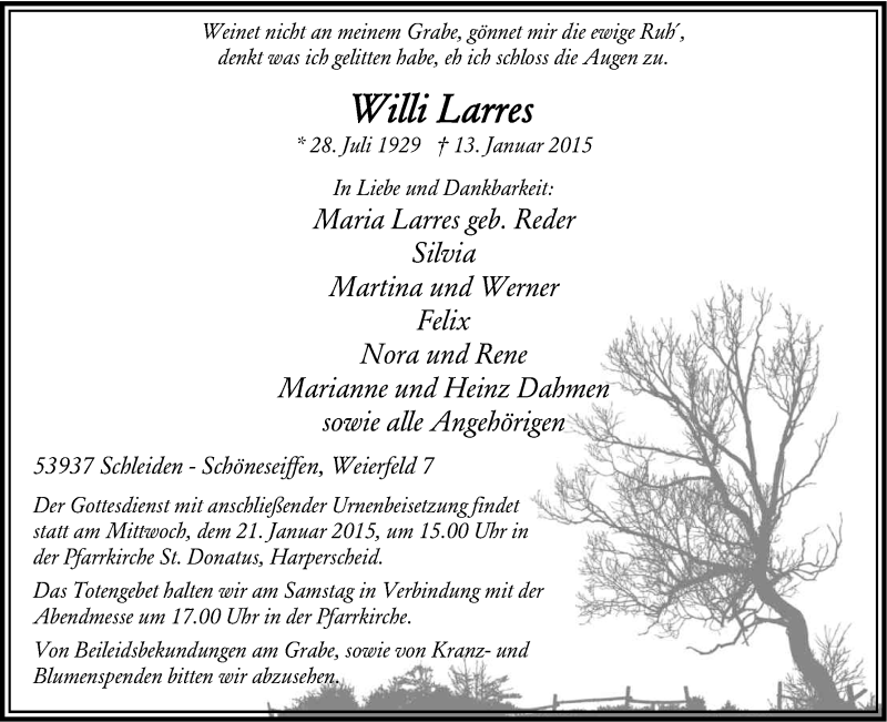  Traueranzeige für Willi Larres vom 17.01.2015 aus Kölner Stadt-Anzeiger / Kölnische Rundschau / Express