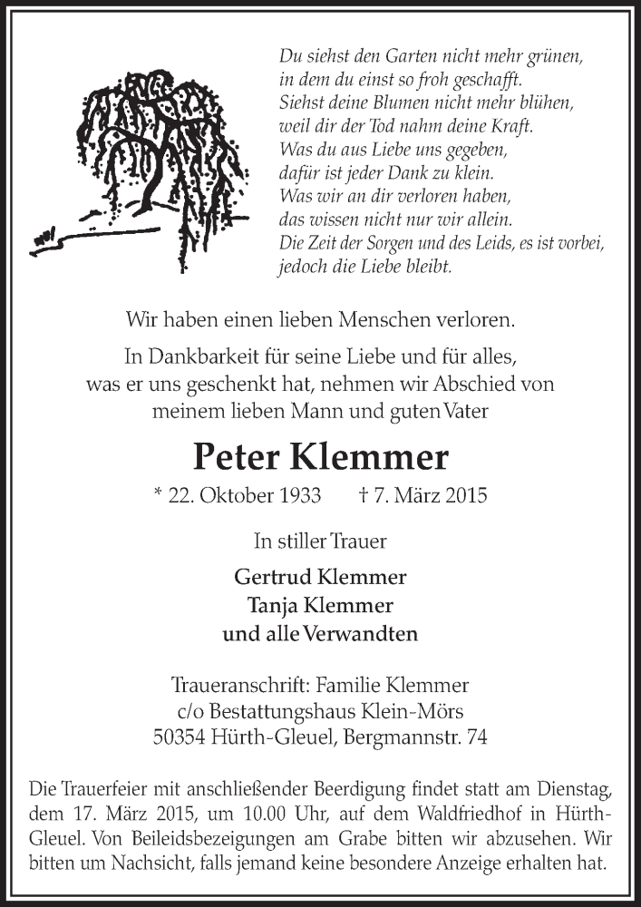  Traueranzeige für Peter Klemmer vom 14.03.2015 aus  Sonntags-Post 