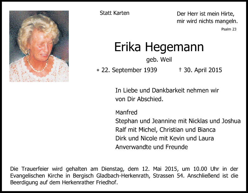  Traueranzeige für Erika Hegemann vom 07.05.2015 aus Kölner Stadt-Anzeiger / Kölnische Rundschau / Express