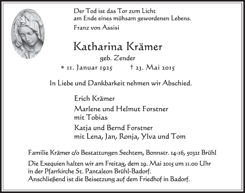  Traueranzeige für Katharina Krämer vom 27.05.2015 aus  Schlossbote/Werbekurier 