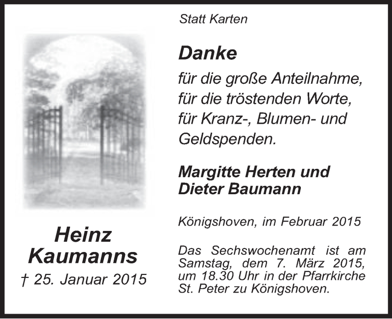  Traueranzeige für Heinz Kaumanns vom 25.02.2015 aus  Werbepost 