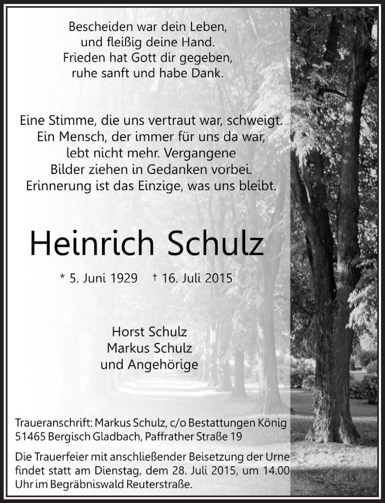  Traueranzeige für Heinrich Schulz vom 22.07.2015 aus  Bergisches Handelsblatt 