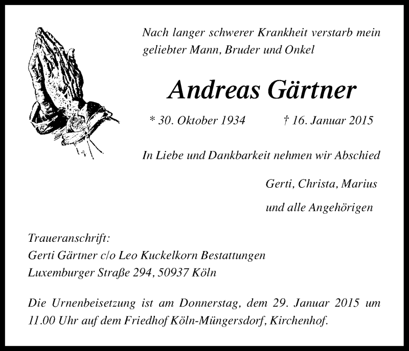  Traueranzeige für Andreas Gärtner vom 24.01.2015 aus Kölner Stadt-Anzeiger / Kölnische Rundschau / Express