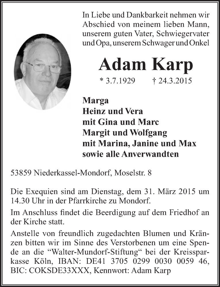  Traueranzeige für Adam Karp vom 28.03.2015 aus  Rhein-Sieg-Wochenende 
