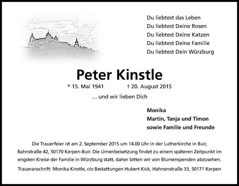  Traueranzeige für Peter Kinstle vom 29.08.2015 aus Kölner Stadt-Anzeiger / Kölnische Rundschau / Express