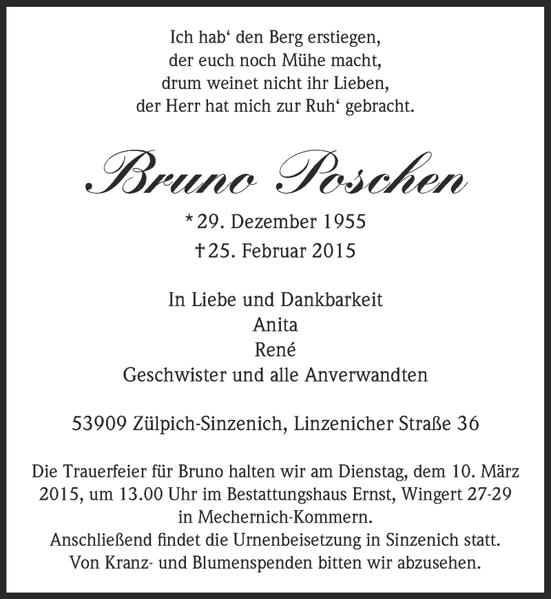  Traueranzeige für Bruno Poschen vom 01.03.2015 aus  Blickpunkt Euskirchen 