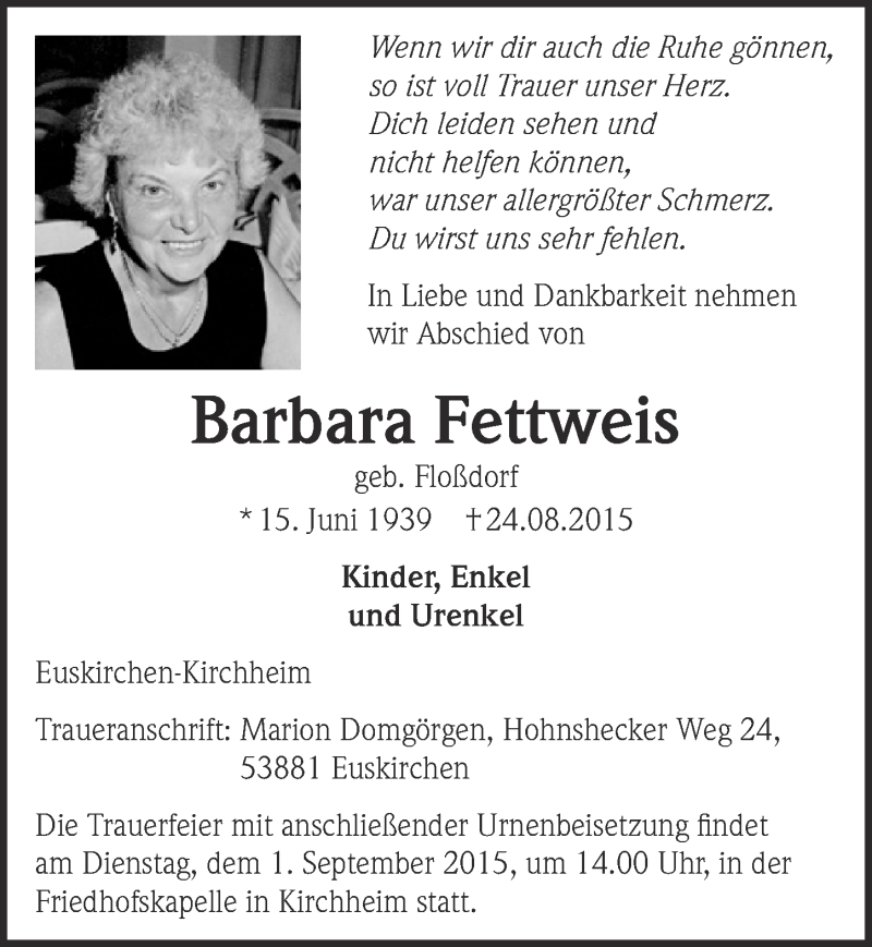  Traueranzeige für Barbara Fettweis vom 30.08.2015 aus  Blickpunkt Euskirchen 