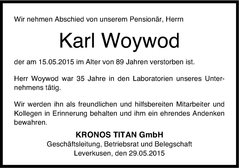  Traueranzeige für Karl Woywod vom 29.05.2015 aus Kölner Stadt-Anzeiger / Kölnische Rundschau / Express