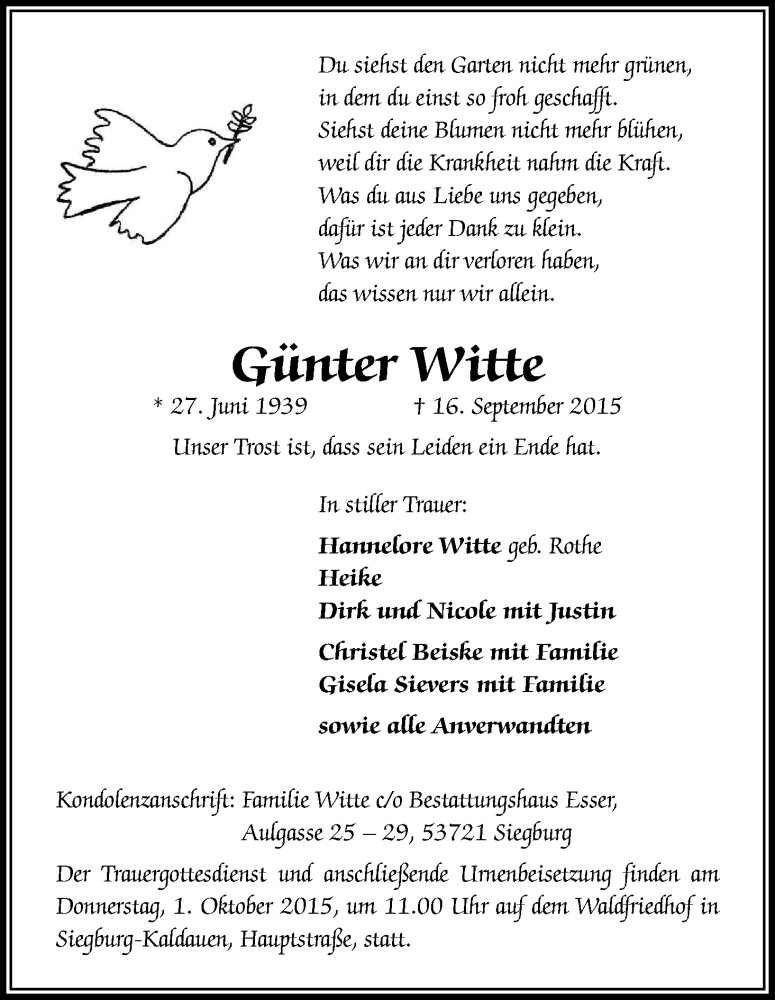  Traueranzeige für Günter Witte vom 26.09.2015 aus Kölner Stadt-Anzeiger / Kölnische Rundschau / Express