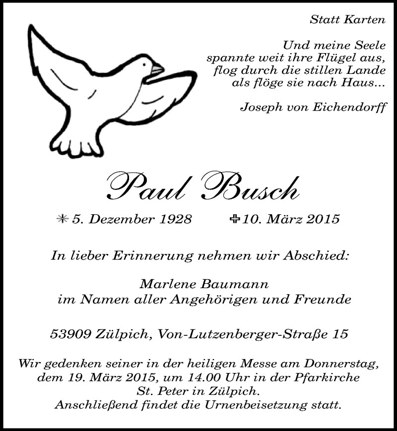  Traueranzeige für Paul Busch vom 15.03.2015 aus  Blickpunkt Euskirchen 