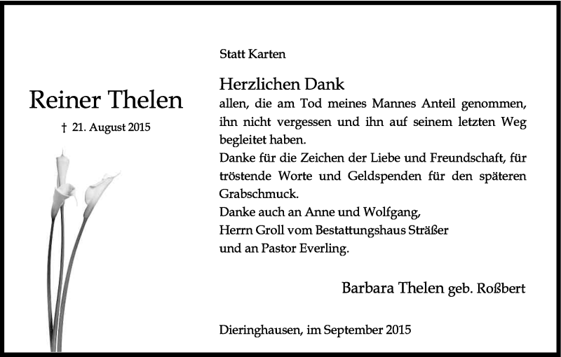  Traueranzeige für Reiner Thelen vom 26.09.2015 aus Kölner Stadt-Anzeiger / Kölnische Rundschau / Express