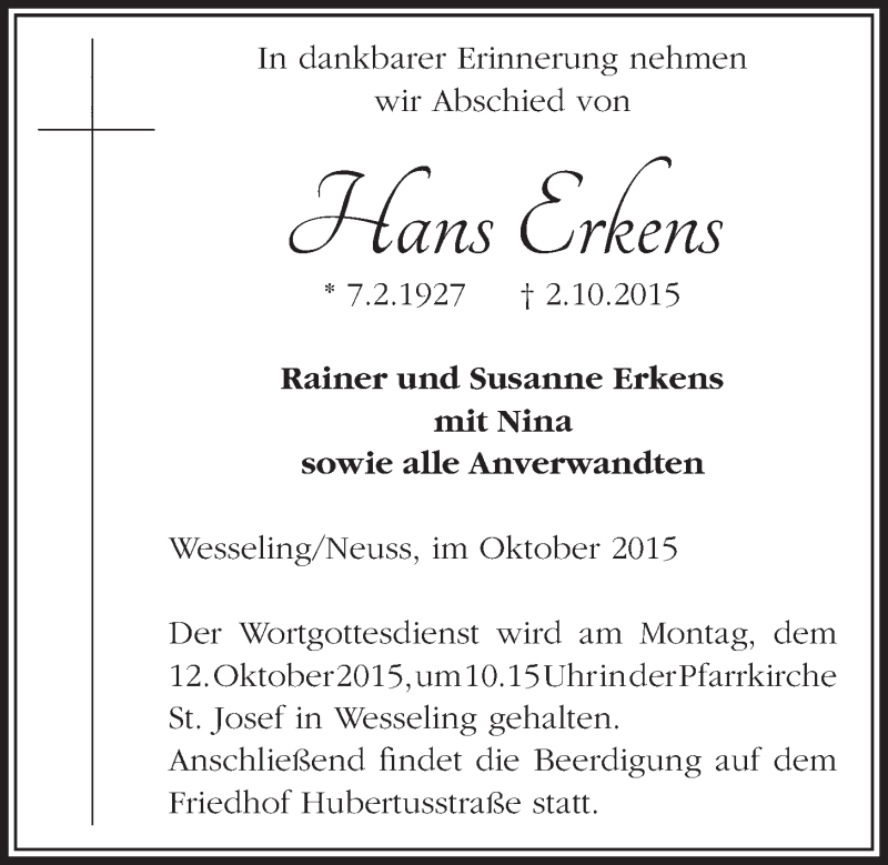  Traueranzeige für Hans Erkens vom 07.10.2015 aus  Schlossbote/Werbekurier 