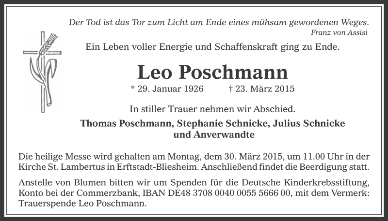  Traueranzeige für Leo Poschmann vom 28.03.2015 aus  Sonntags-Post 