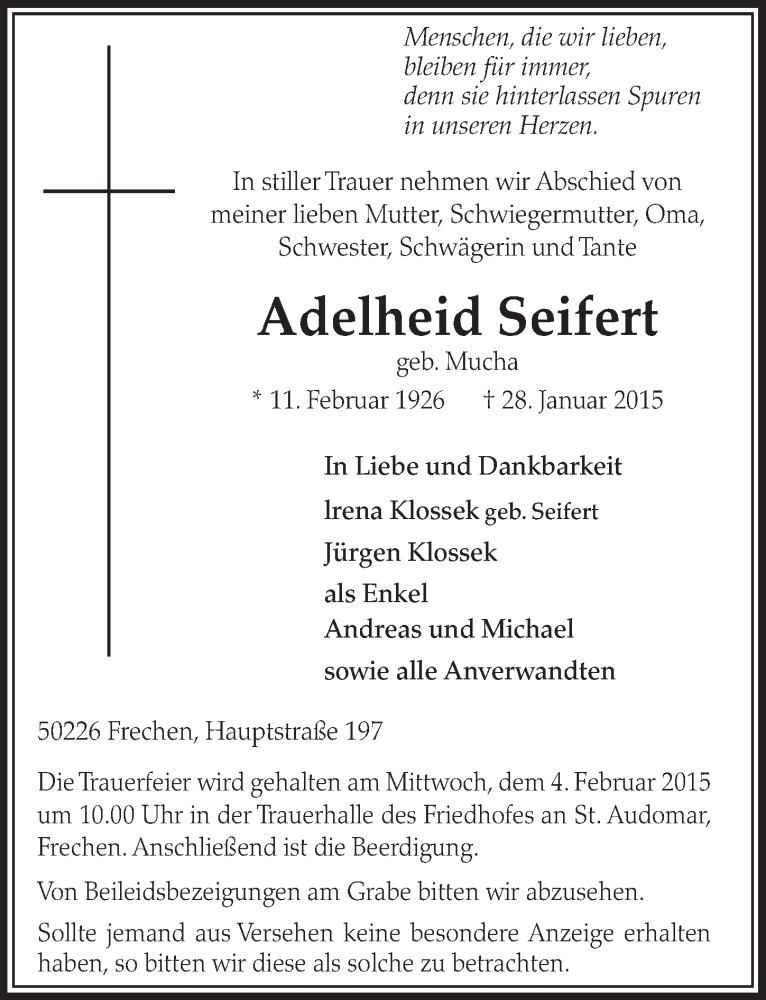  Traueranzeige für Adelheid Seifert vom 31.01.2015 aus  Sonntags-Post 