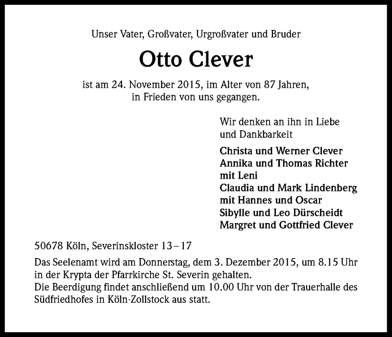  Traueranzeige für Otto Clever vom 27.11.2015 aus Kölner Stadt-Anzeiger / Kölnische Rundschau / Express